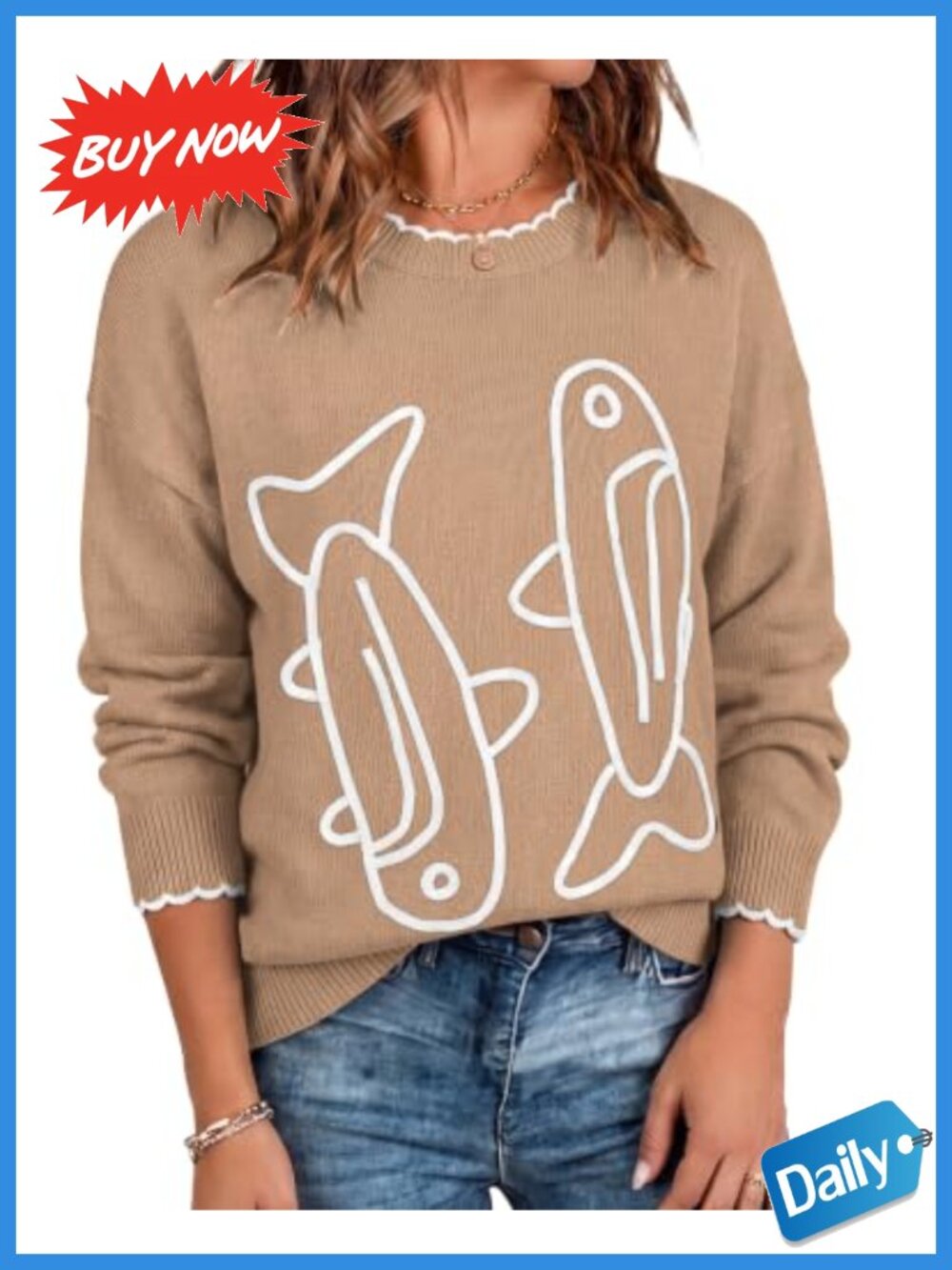 Womens Cotton Acrylic Fish Graphic Crew Neck Pullover Sweater